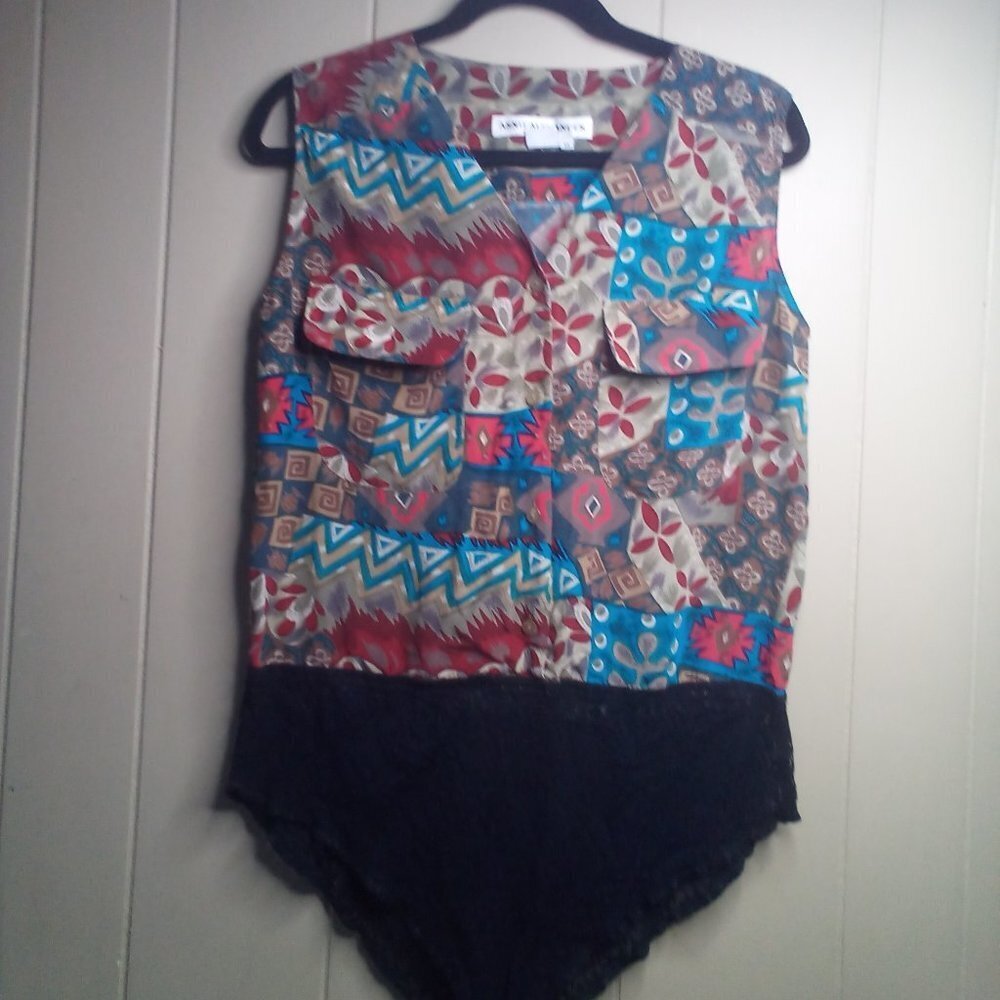 Annie Alexander Blouse Bodysuit M Sleeveless Button Up Lace Trim Silk